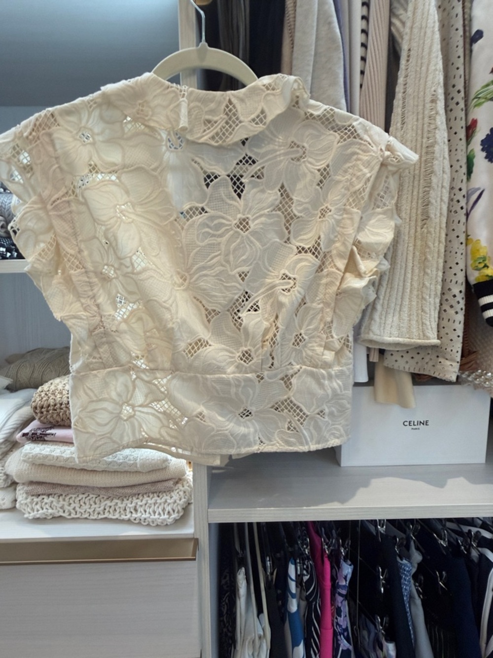Sandro Cream Lace Ruffle Button-Front Top - Picture 7 of 9